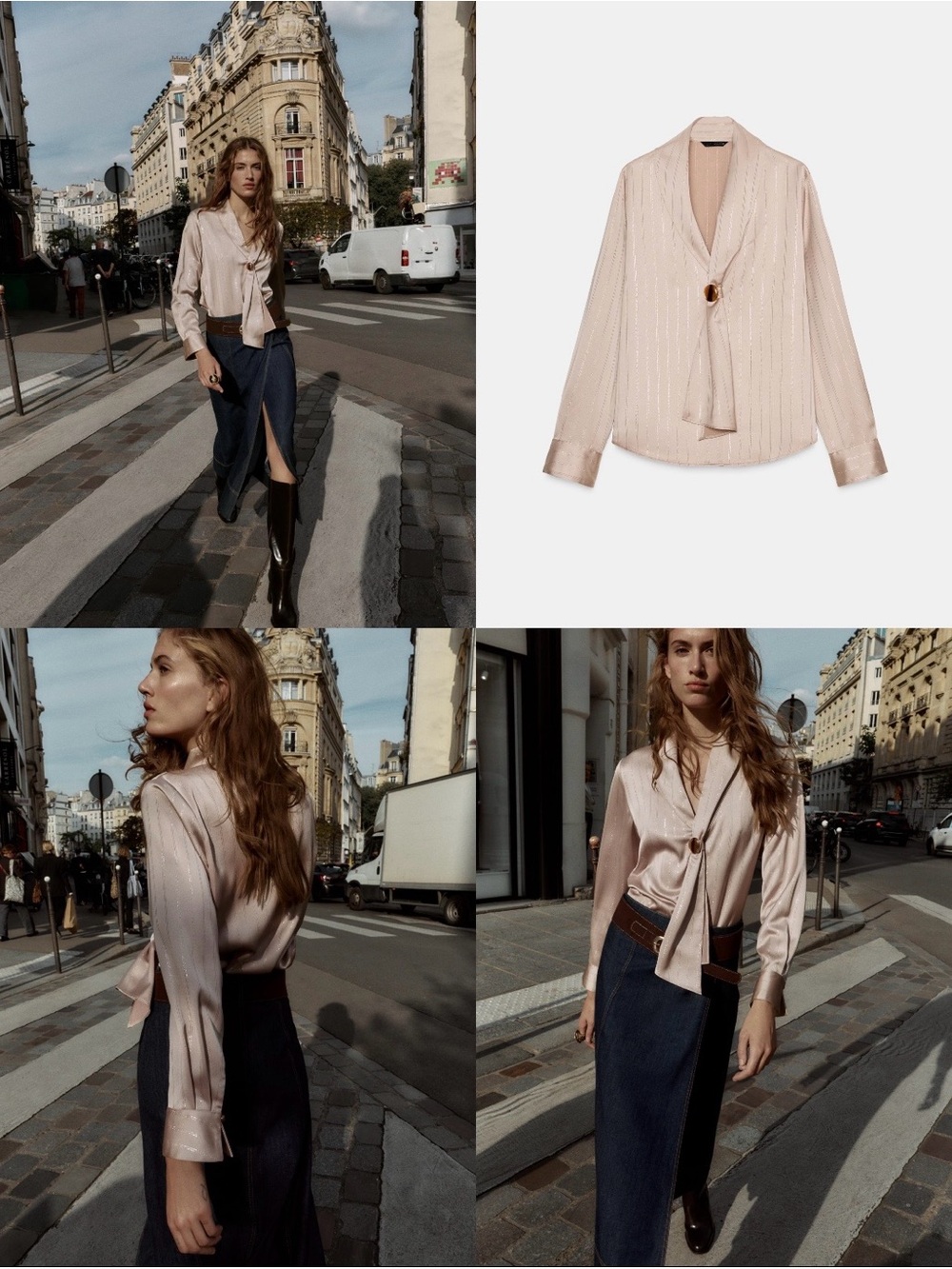 Nice Satin Taupe Button-Front Blouse with Neck Tie